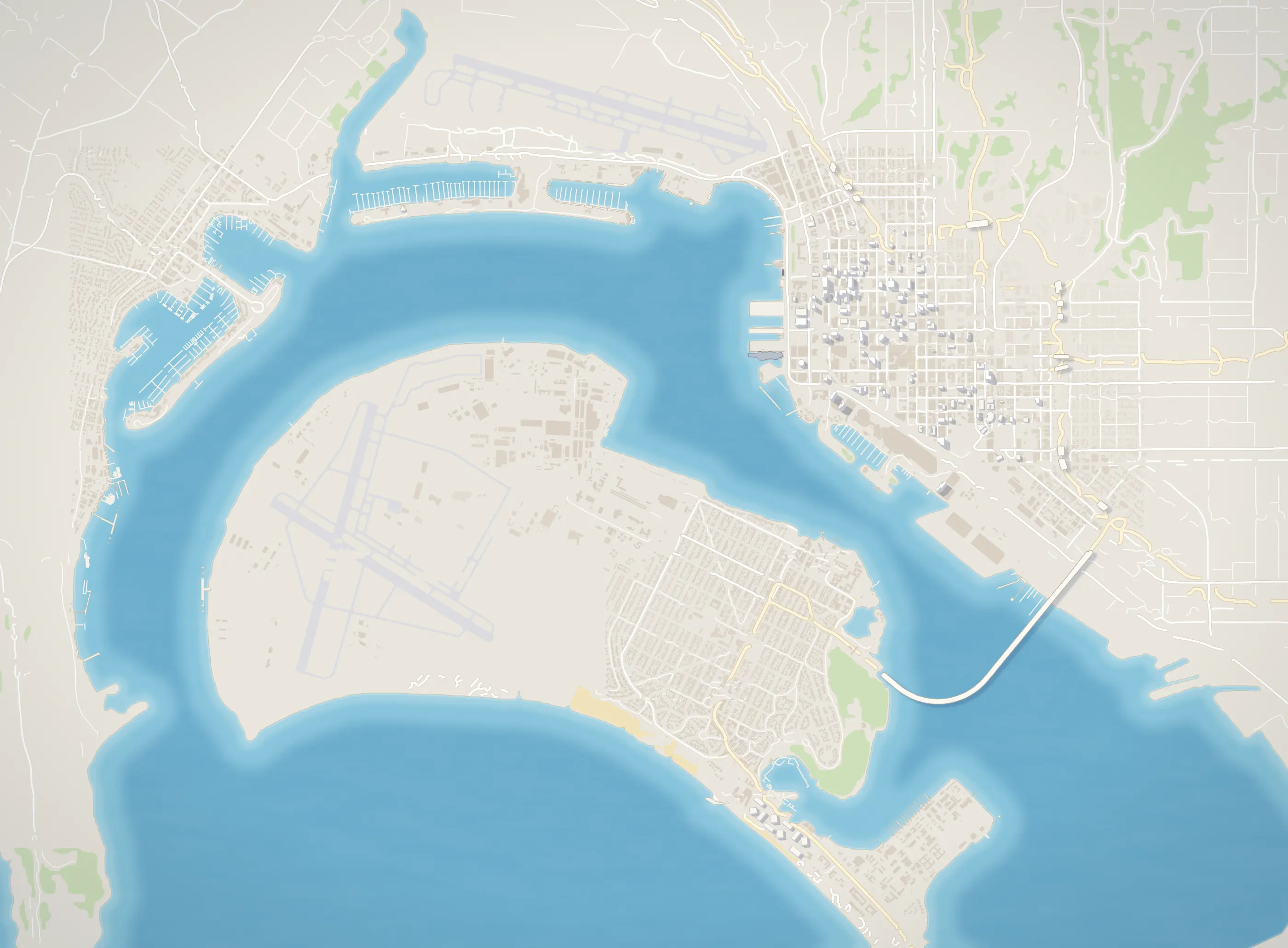Illustrated map of San Diego Bay, from Shelter Island to the Coronado Bridge