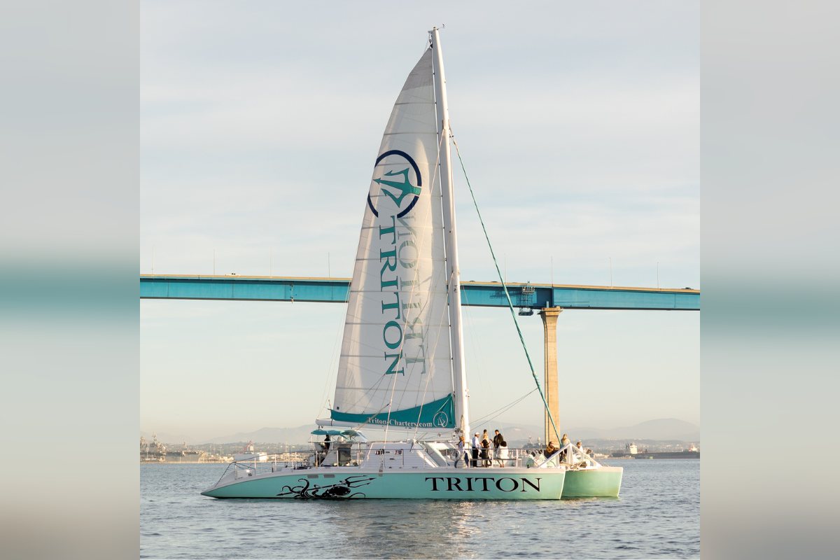 Triton under full sail on San Diego Bay with the Coronado Bridge behind her