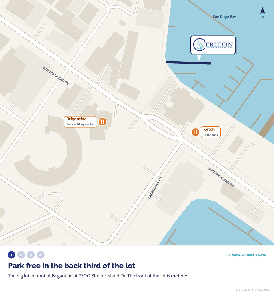 Animated map: park free in the back third of the lot at 2700 Shelter Island Dr, cross Shelter Island Dr, take the dock path between Intrepid Boat Works and San Diego Marine Exchange to Triton at the second black gate