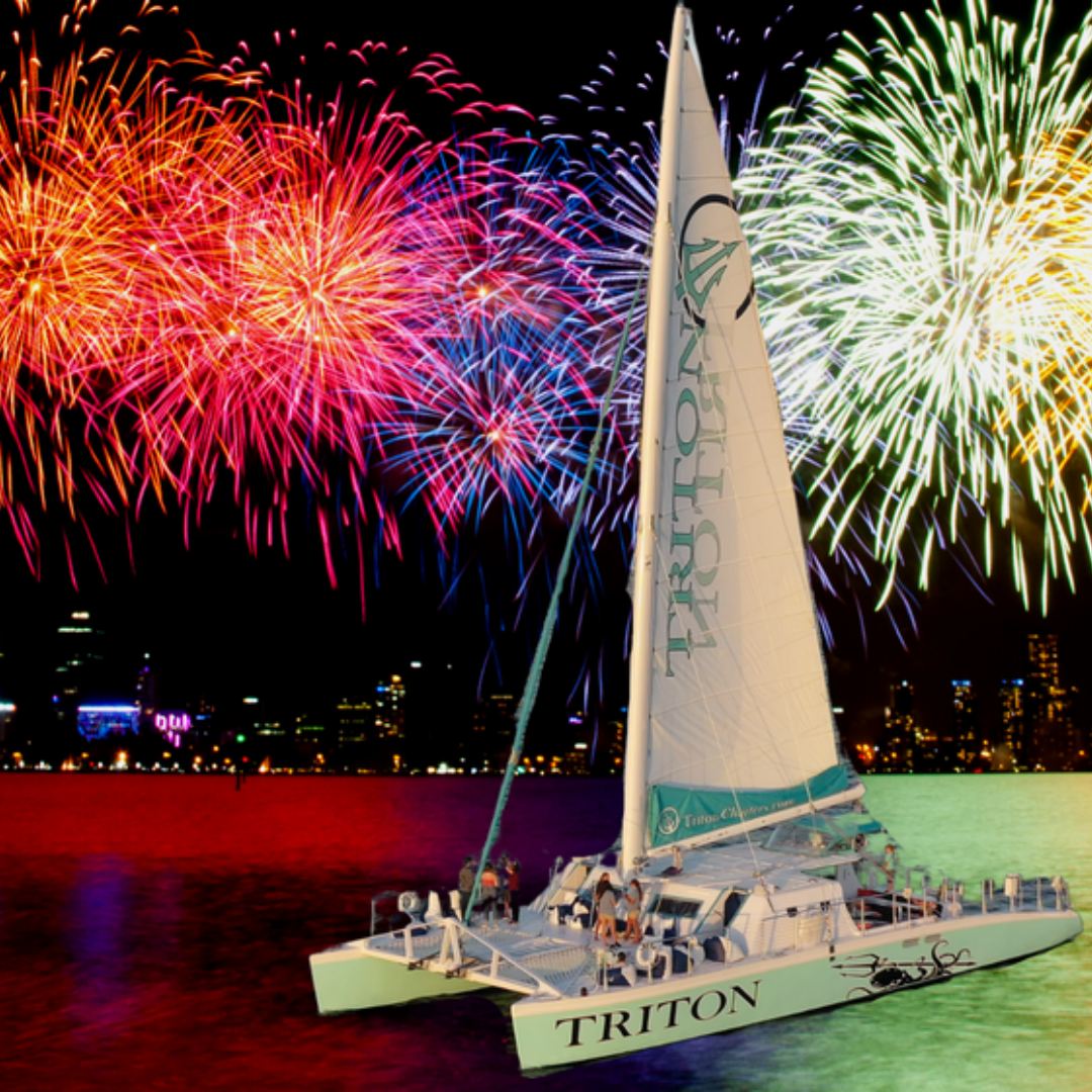 Fireworks over San Diego Bay seen from Triton