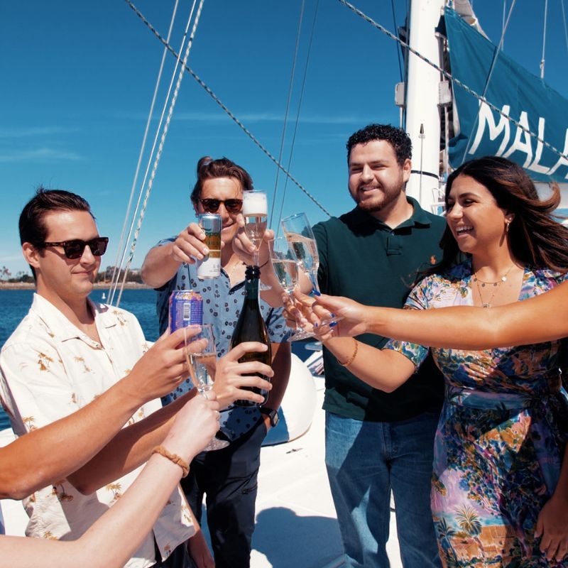 Four guests toasting with champagne on the deck of the Malarky catamaran