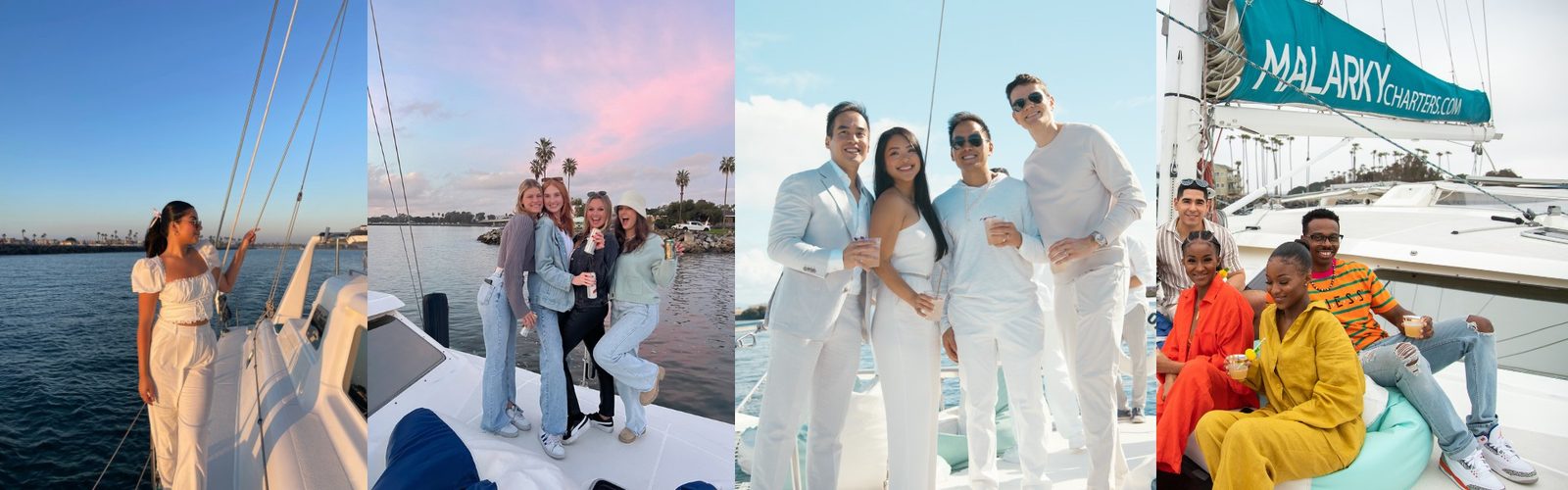 Four boat party looks side by side — white linen, denim and sneakers, an all-white group, and bold colour on a catamaran deck