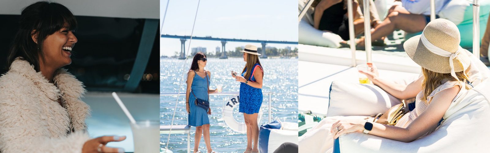Boat party outfits on deck — a cream faux-fur jacket for the evening, blue sundresses under the Coronado Bridge, and a wide-brimmed sun hat