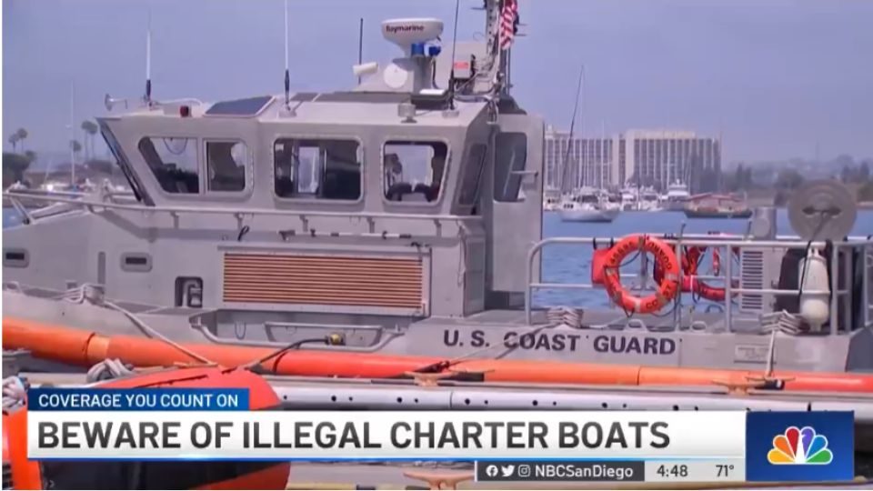 Television news still of a US Coast Guard patrol boat under the headline “Beware of illegal charter boats”