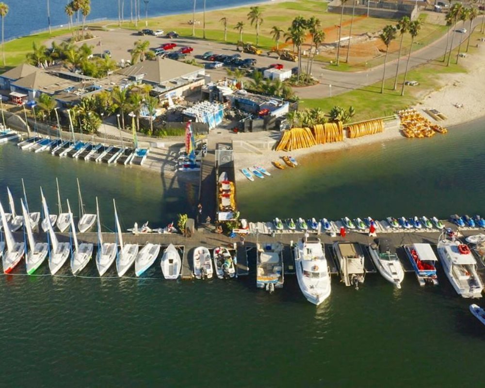 Aerial view of the Mission Bay Sportcenter rental docks lined with small boats