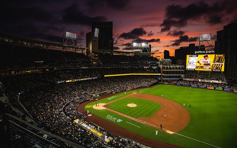 Petco Park lit up at night during a San Diego Padres game